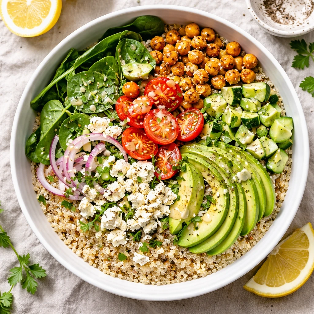 Tasty top view: Fully assembled Quinoa Power Bowl, overhead shot showing fluffy quinoa base topped w