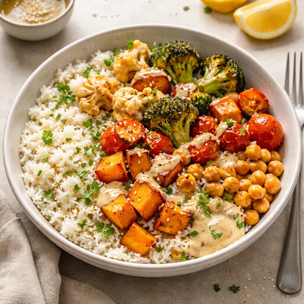 Jasmine Rice Bowl With Roasted Veggies abd Tahini – A Cozy, Flavorful Everyday Meal