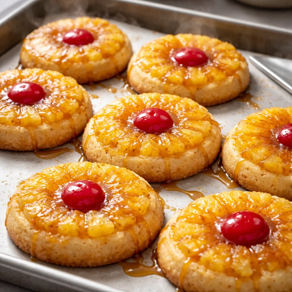 Close-up detail and cooking process: Muffin pan just flipped onto a sheet tray, revealing freshly re