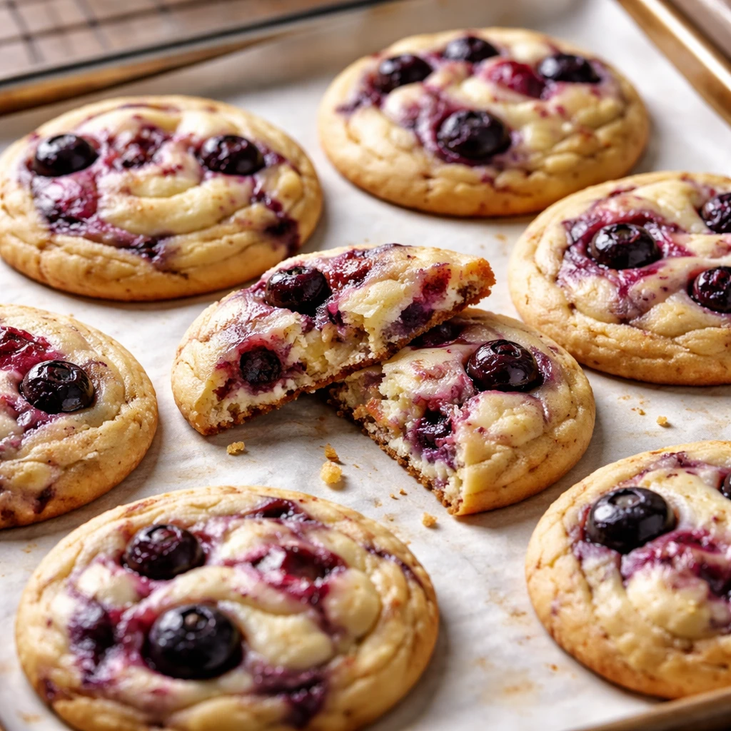 Close-up detail and process: A parchment-lined baking sheet with freshly baked blueberry cheesecake 