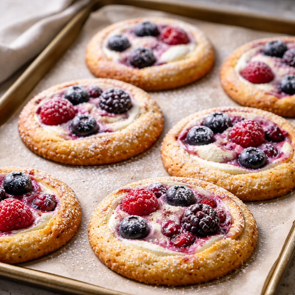 Close-up detail of freshly baked Mixed Berry Cheesecake Cookies cooling on a parchment-lined tray, g