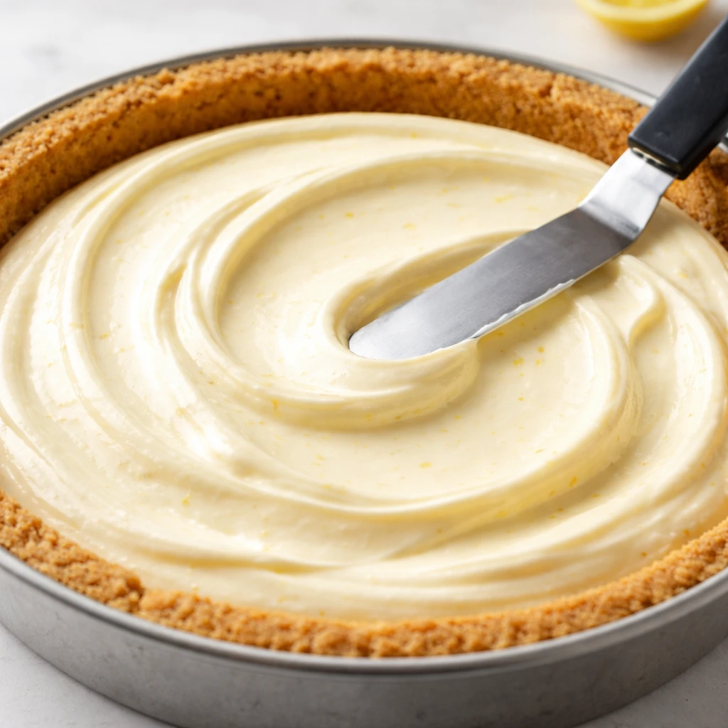 Close-up detail of the airy lemon filling being smoothed into the chilled graham crust with an offse