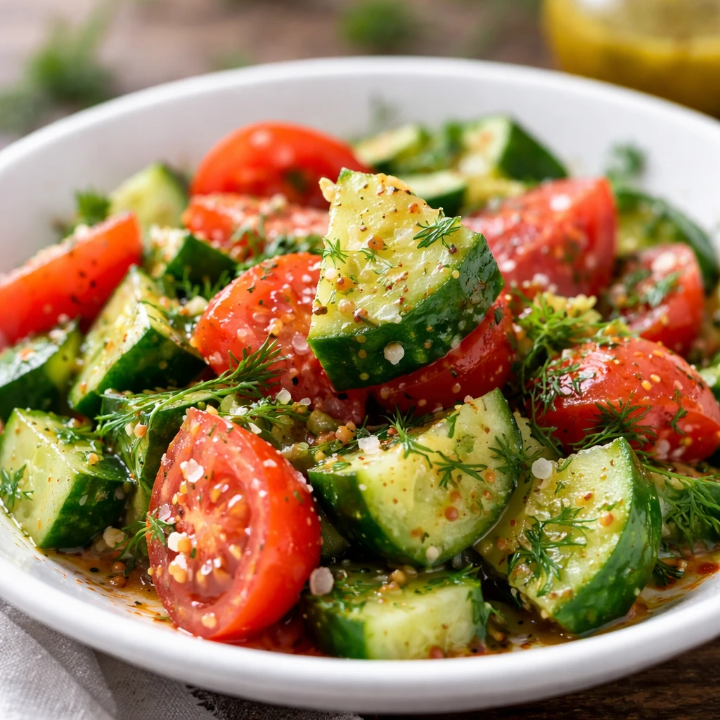 Close-up, final plated presentation of the salad in a low, white rimmed plate: tight focus on a cucu