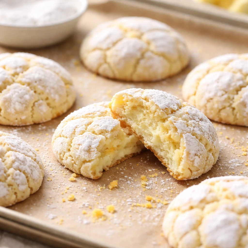 Cooking process close-up: Lemon cheesecake crinkle cookies just out of the oven on a parchment-lined