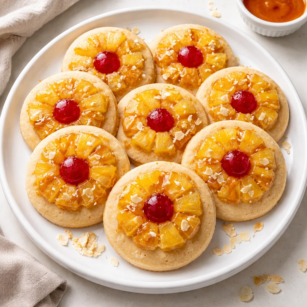 Final dish, tasty top view: Overhead shot of a party-ready plate of pineapple upside down sugar cook
