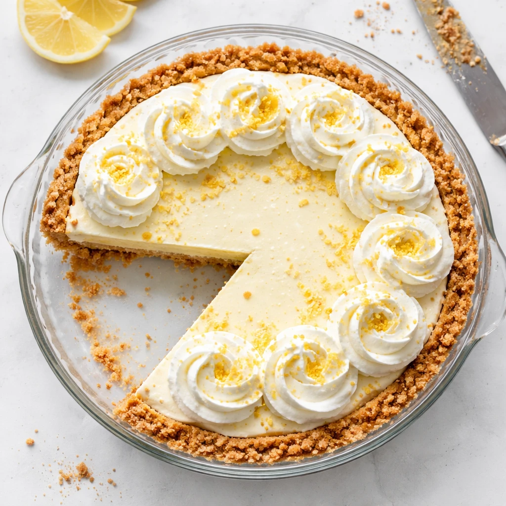 Overhead shot of a freshly sliced Frozen Lemon Icebox Pie in a 9-inch pie plate, clean wedge removed
