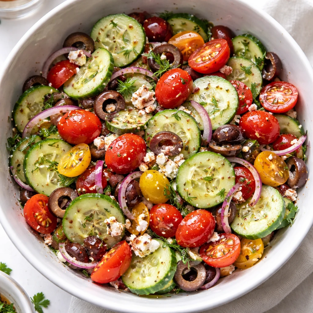 Overhead shot of the prepared Cucumber Tomato Picnic Salad just after tossing: glossy halved cherry 