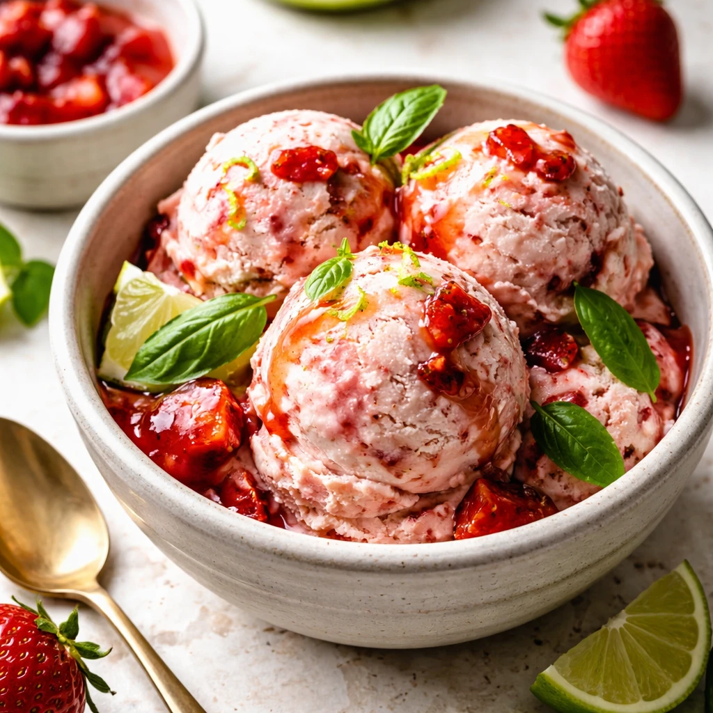 Roasted Strawberry and Lime Basil Ice Cream – Bright, Jammy, and Refreshing