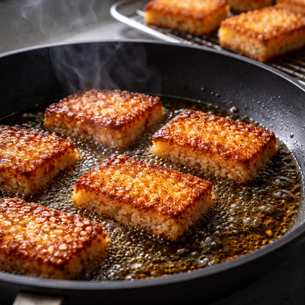 Close-up detail, cooking process: Golden crispy rice rectangles frying in a shallow layer of shimmer