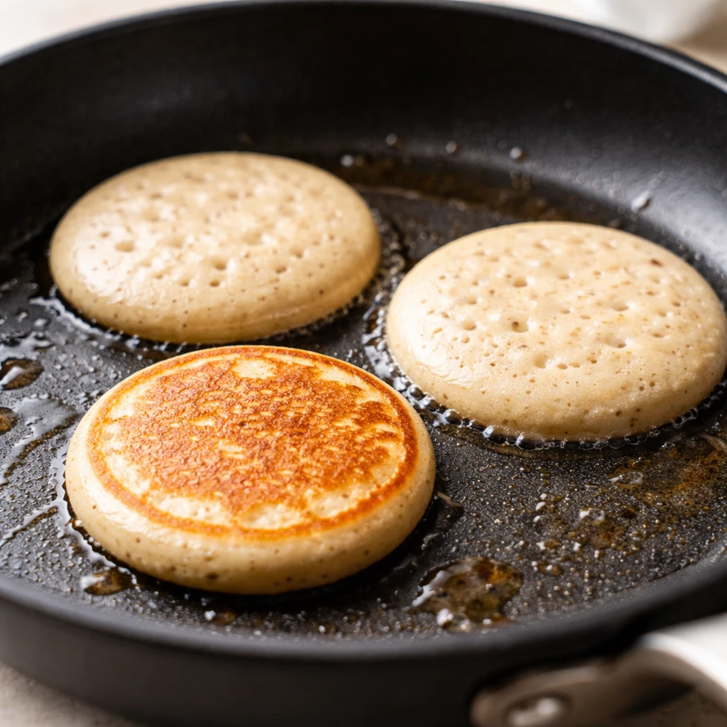 Close-up detail, cooking process: Small protein pancakes sizzling in a nonstick skillet over medium 