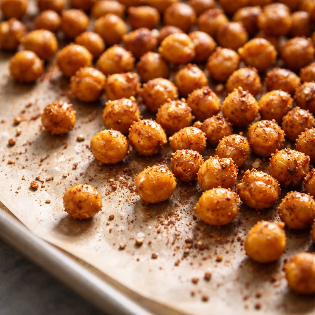 Close-up detail of crispy roasted chickpeas just out of the oven on a parchment-lined sheet pan, dee
