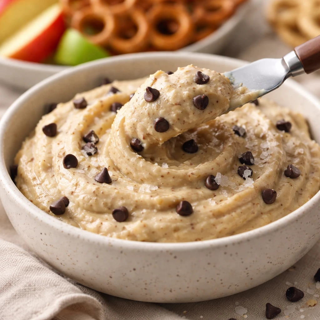 Close-up detail shot of the finished Cottage Cheese Cookie Dough Dip being scooped with a small offs