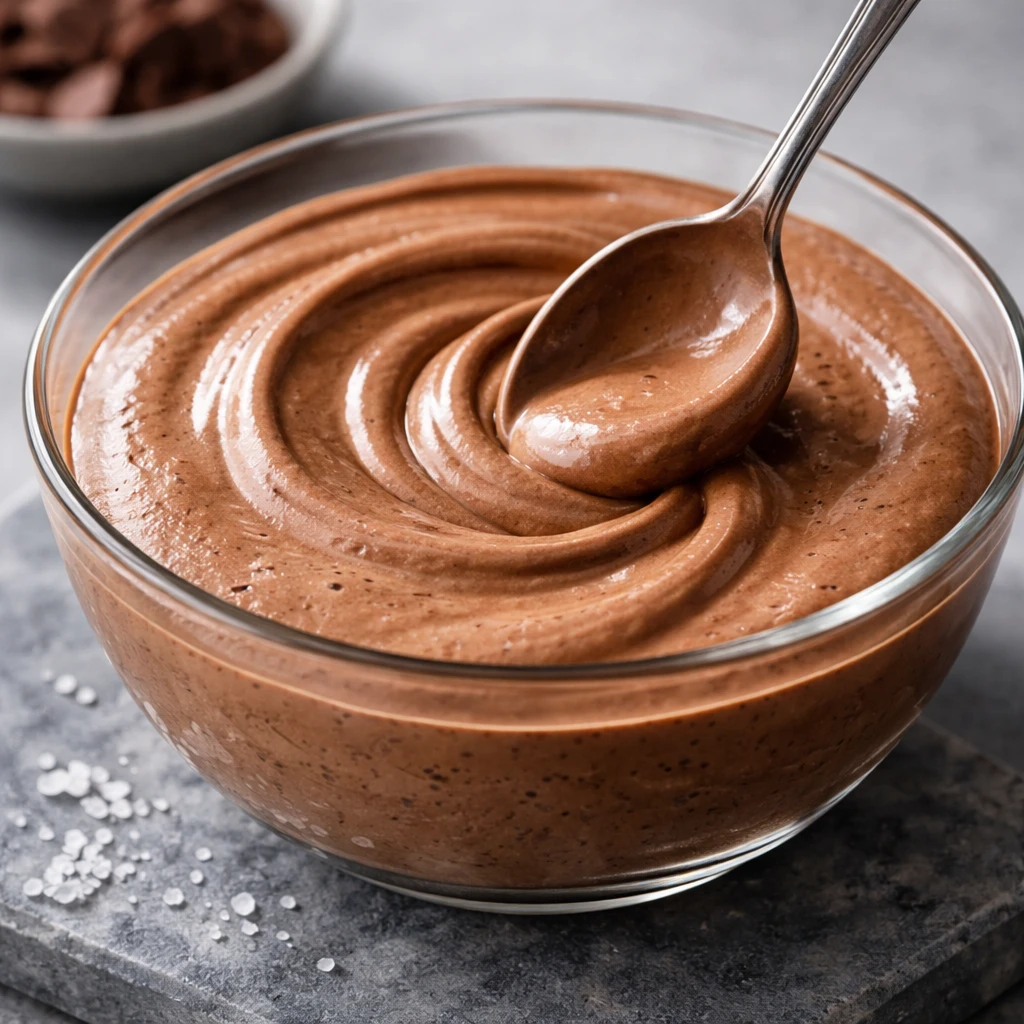 Close-up detail shot: Silky high-protein chocolate mousse just after blending, spoon swirling a glos