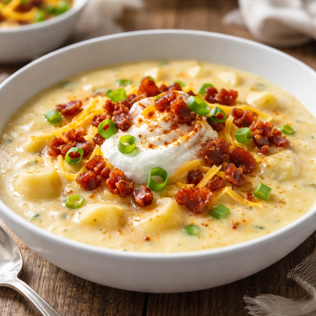 Close-up, final plated bowl of loaded potato soup: ultra-creamy, light buttery-yellow base with soft