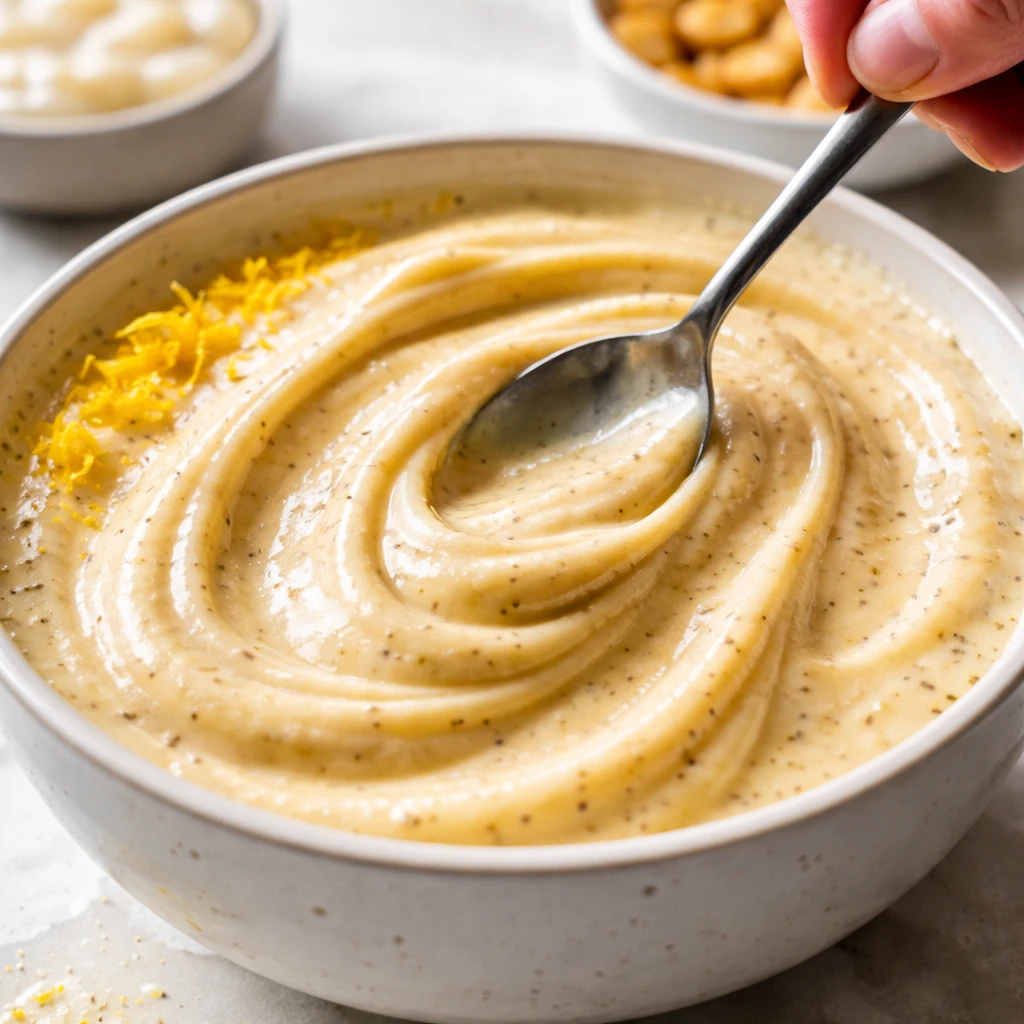 Close-up, process moment of the blended smoothie base being smoothed with a spoon in the bowl to cre