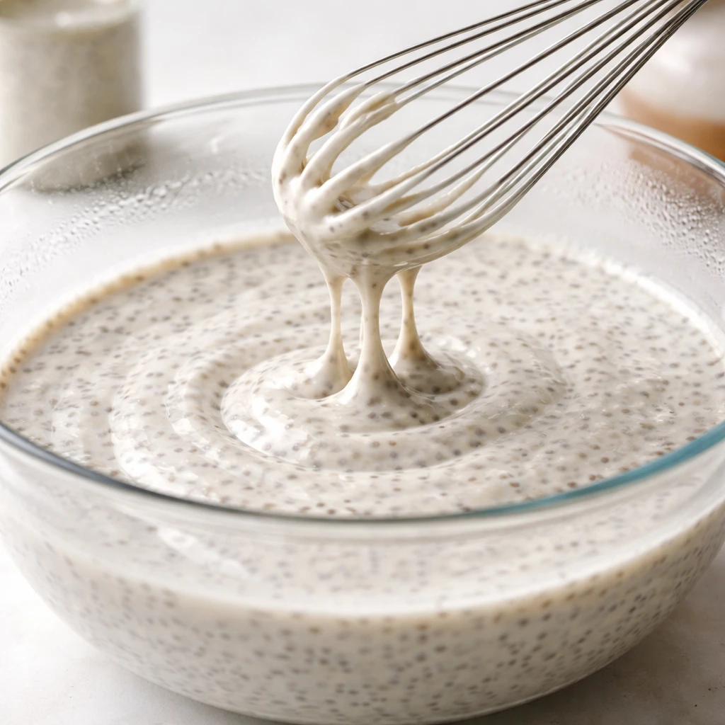 Close-up process shot of chia pudding mixture after the 10-minute rest and second whisk: a silky, ev