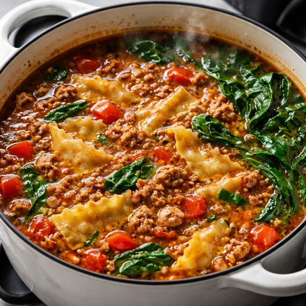 Cooking process close-up: A large enameled soup pot at a gentle simmer with rich tomato-broth base s
