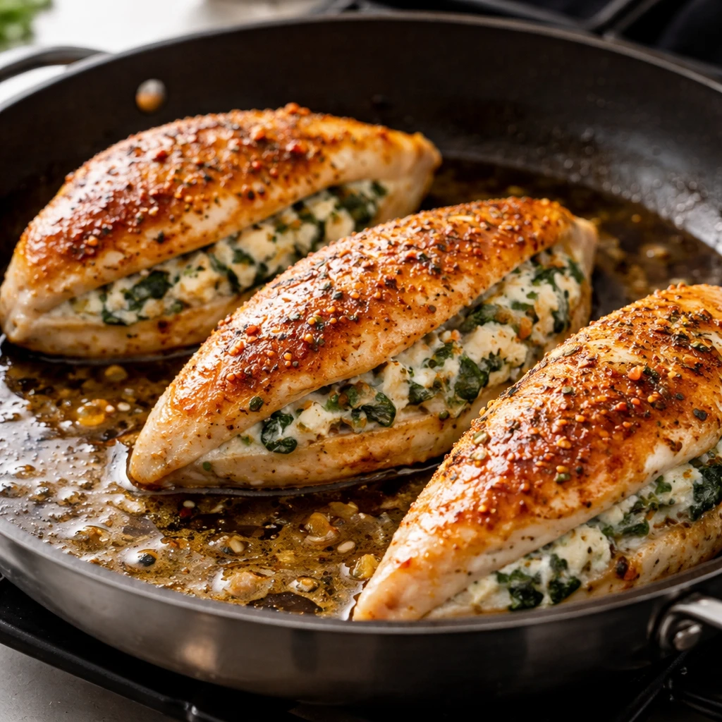 Cooking process, close-up detail: Searing stuffed chicken breasts seam-side up in an oven-safe skill