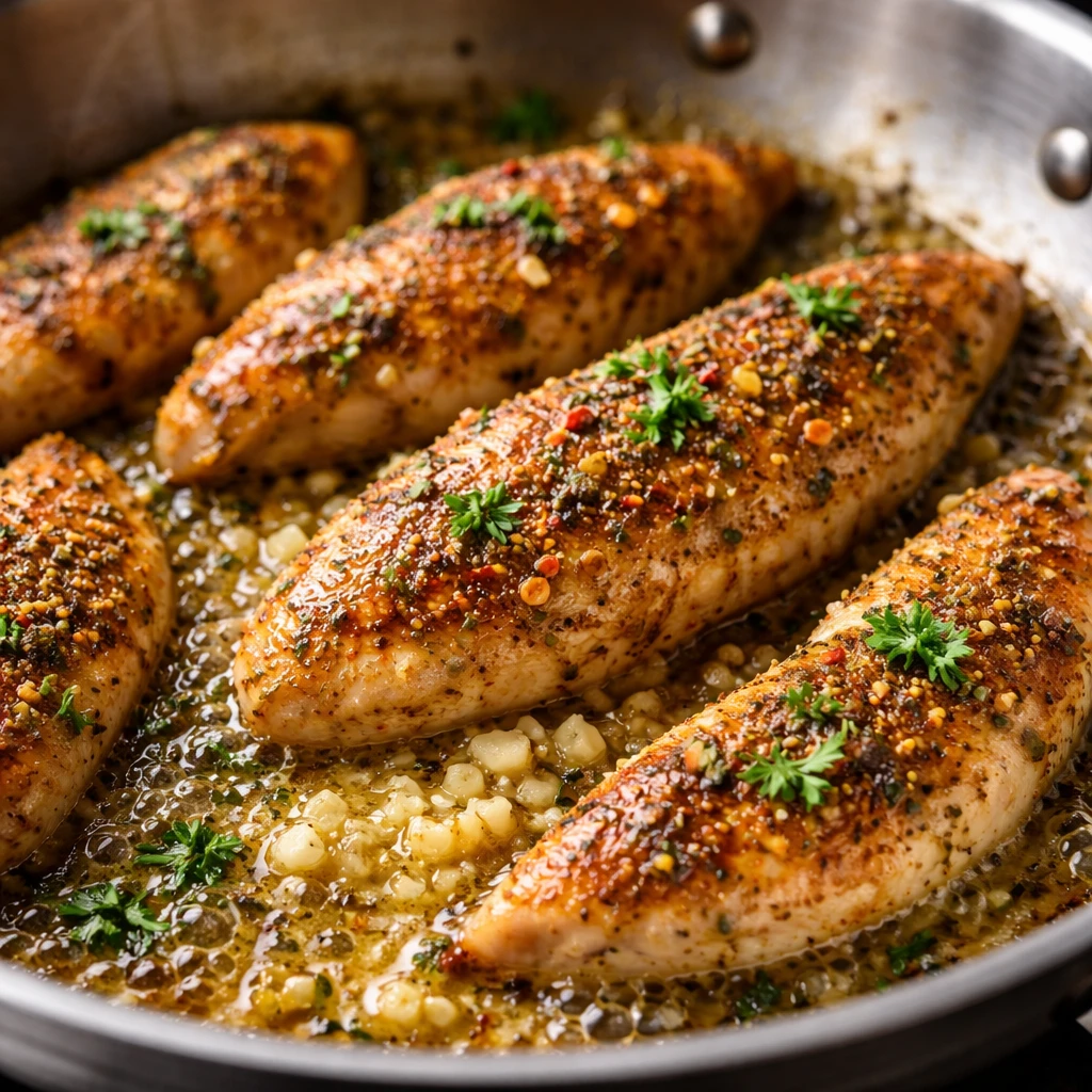 Cooking process, close-up detail: Sizzling garlic herb chicken tenderloins searing in a large stainl