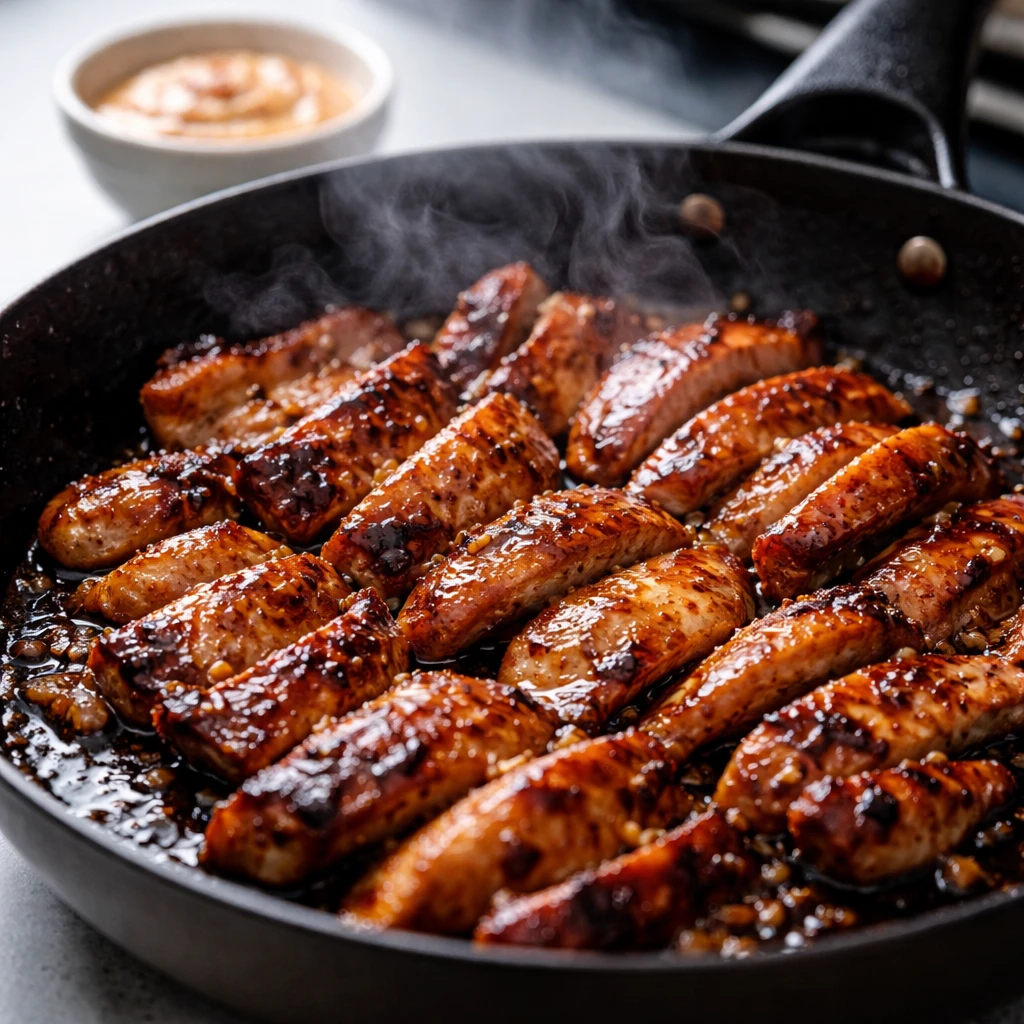 Cooking process, close-up detail: Sliced, caramelized chicken thighs sizzling in a hot skillet, glos