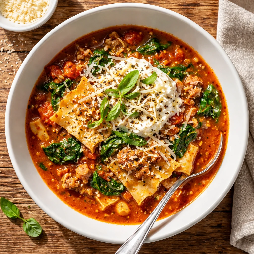 Final dish overhead: High-Protein Lasagna Soup served in a wide, matte-white bowl on a rustic wood t