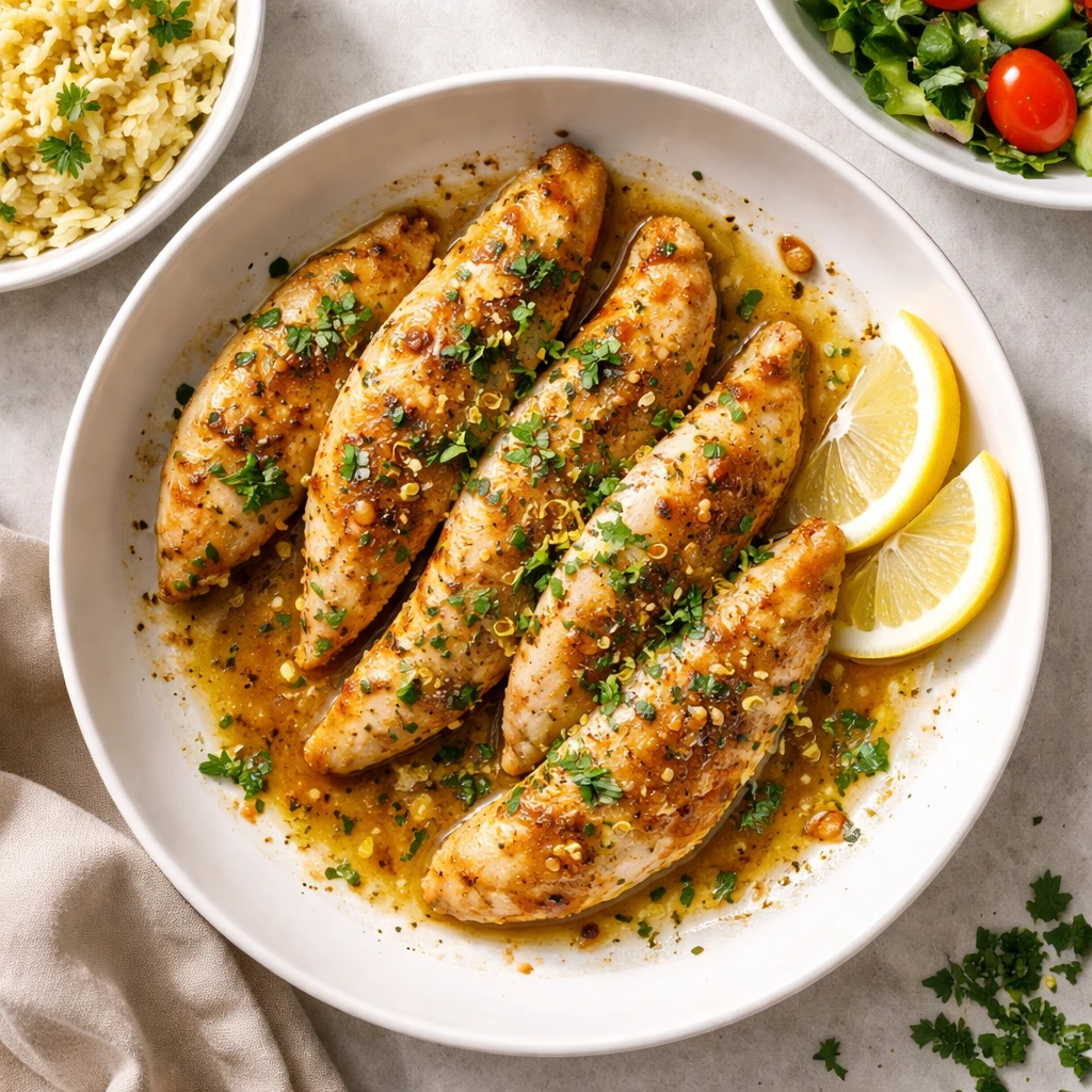 Final dish, : Overhead shot of beautifully plated garlic herb chicken tenderloins on a matte white s