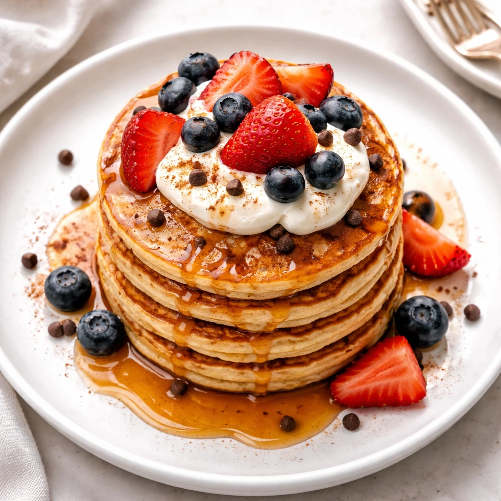 Final dish, tasty top view: Overhead shot of a neatly stacked tower of fluffy 3-ingredient protein p