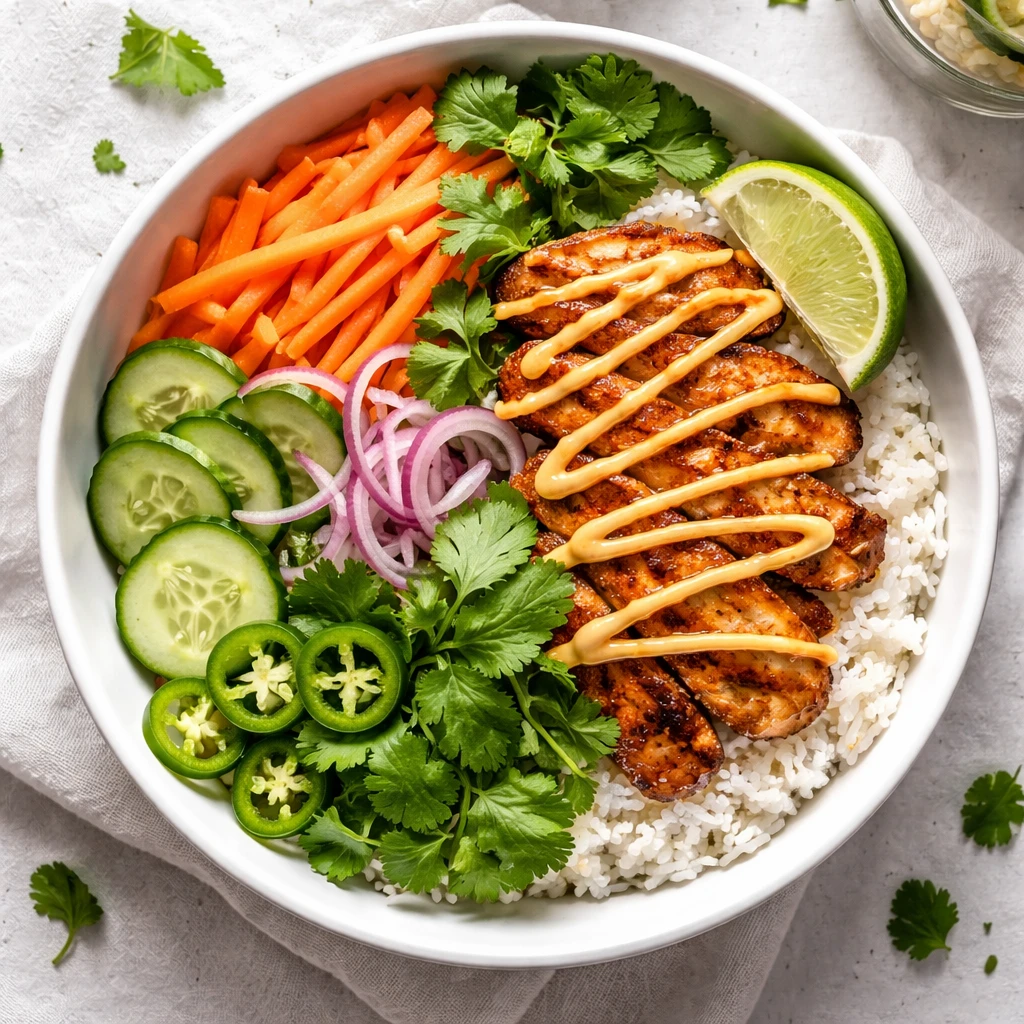 Final dish, tasty top view: Overhead shot of Chicken Banh Mi Bowl—fluffy jasmine rice topped with