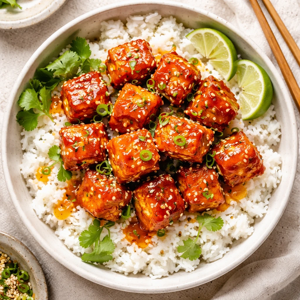 Final dish, tasty top view: Overhead shot of honey sriracha salmon bites piled over fluffy white ric