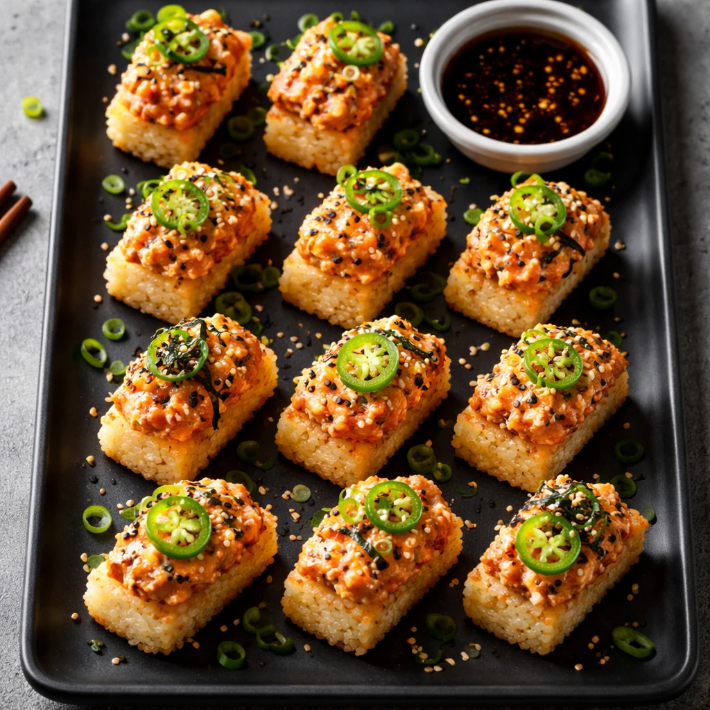 Final dish, tasty top view: Overhead shot of Spicy Tuna Crispy Rice Bites neatly arranged on a matte