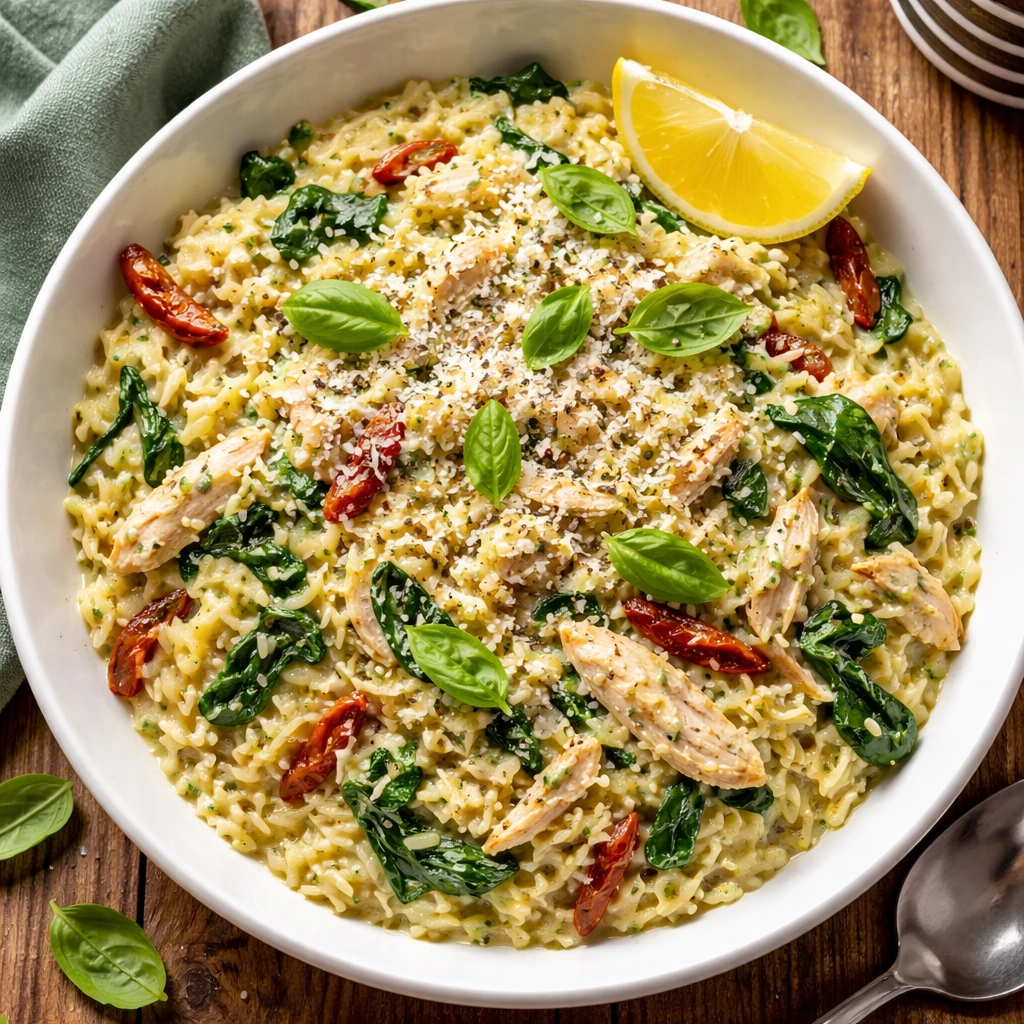 Final plated dish, : a wide, shallow white bowl filled with creamy pesto chicken orzo, showing plump