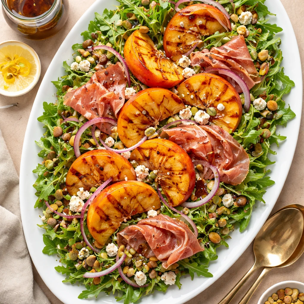 Final plated salad, top view: Overhead shot of Grilled Peach and Arugula Salad arranged on a wide, w