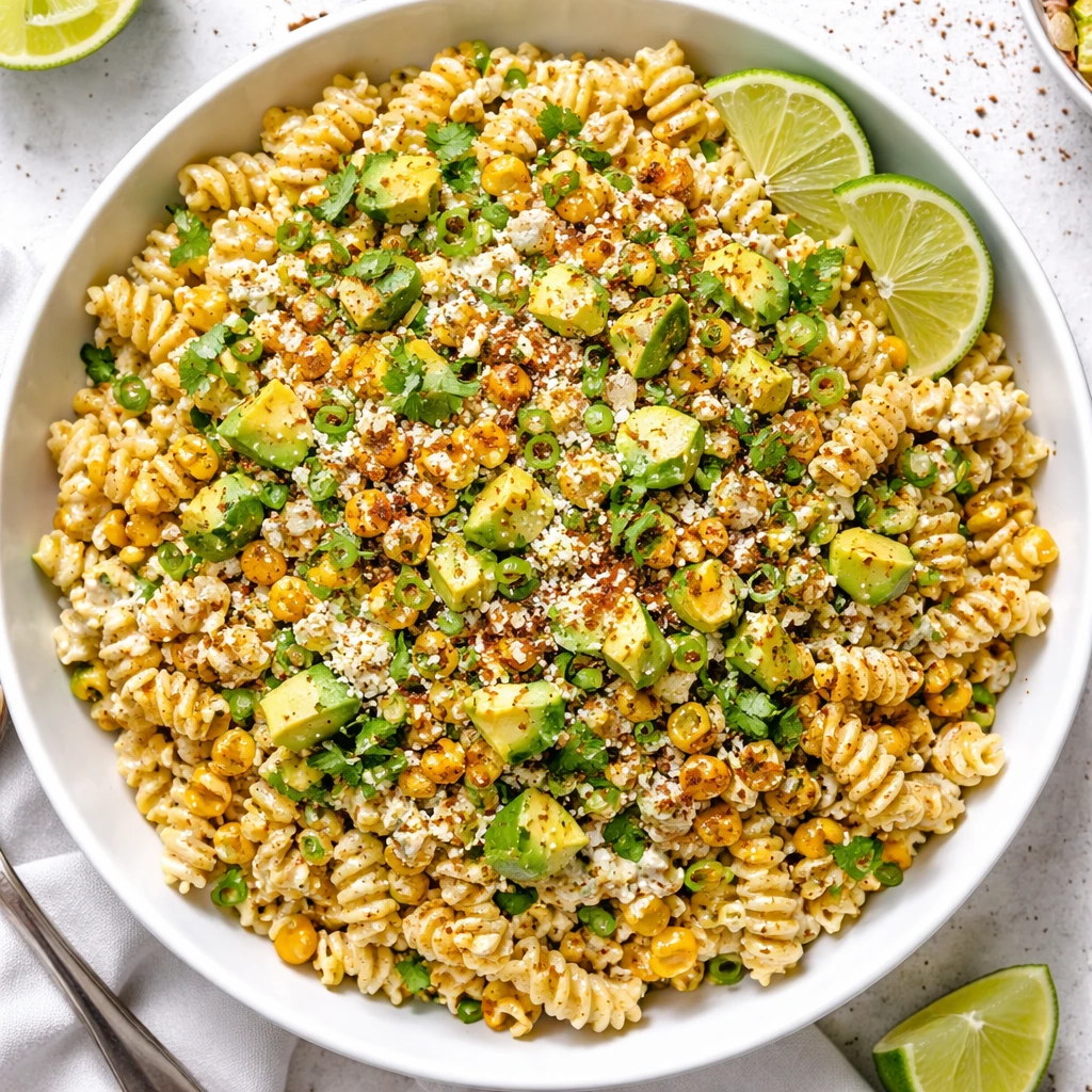 Final plated, tasty top view: Overhead shot of Baked Street Corn Pasta Salad heaped in a matte white