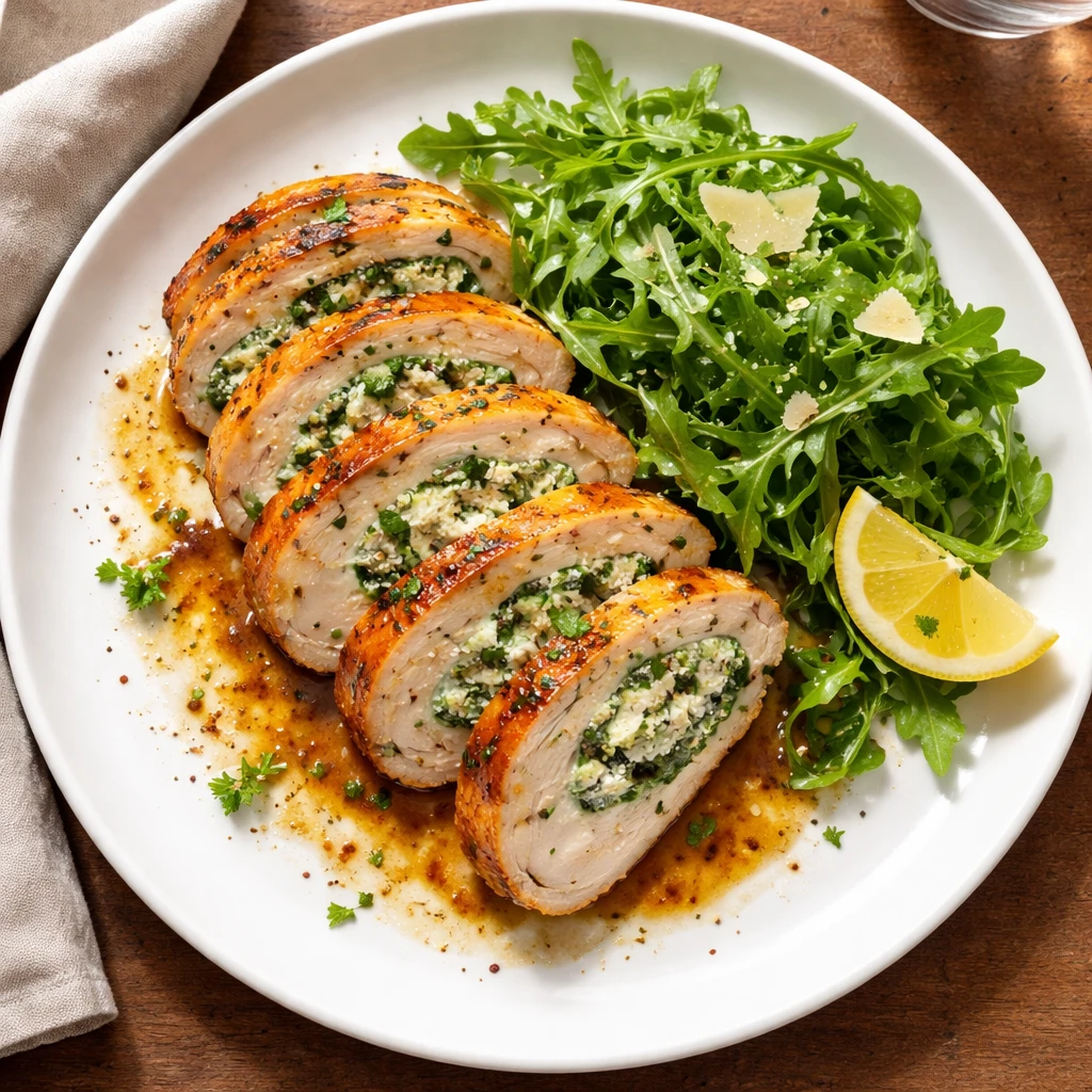 Final plated, tasty top view: Overhead shot of sliced stuffed chicken breast fanned on a matte white
