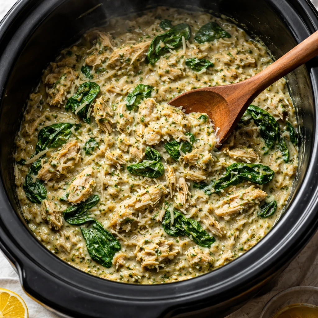 Overhead cooking-process shot of shredded crockpot pesto chicken with orzo finishing in the slow coo