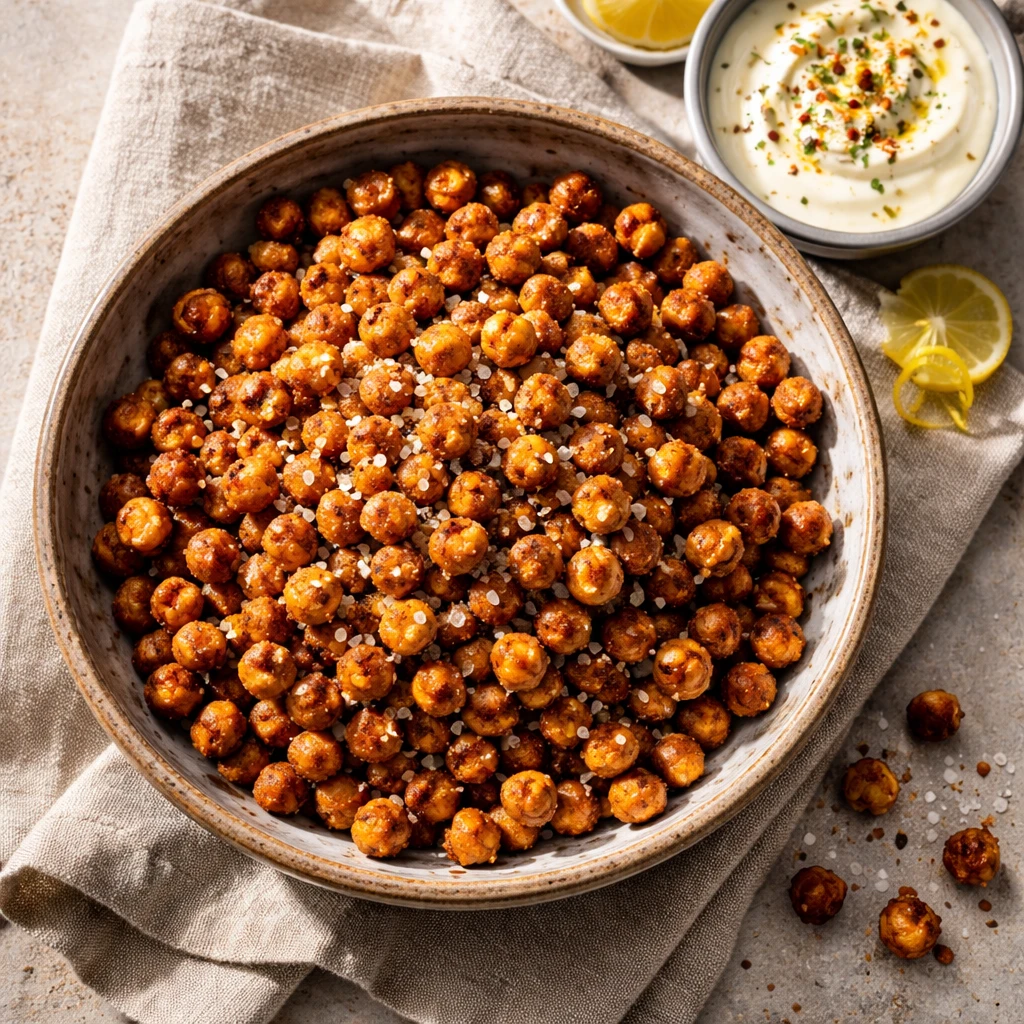 Overhead final presentation: a rustic ceramic bowl heaped with ultra-crispy roasted chickpeas, garni