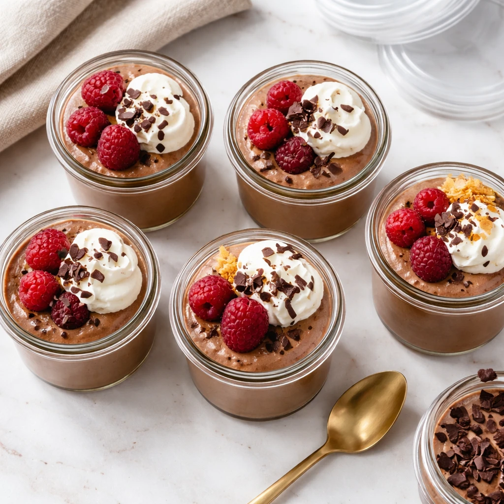 Overhead final presentation: Chilled high-protein chocolate mousse portioned into small glass jars, 