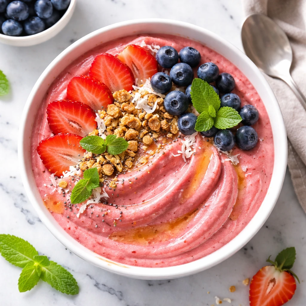 Overhead shot of a thick, just-poured Summer Fruit Protein Smoothie Bowl in a chilled white ceramic 