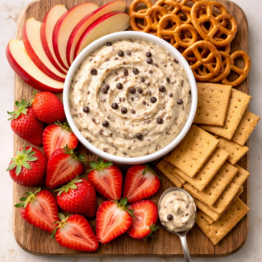 Overhead “snack board” presentation of the chilled Cottage Cheese Cookie Dough Dip in a small wh
