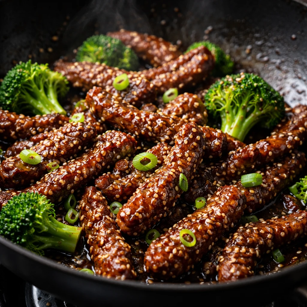 Close-up action shot: Shatteringly crisp sesame beef strips just tossed in a glossy, garlicky soy-gi
