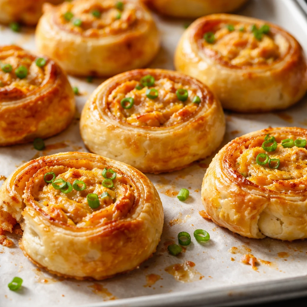 Close-up detail, cooking process: Sliced buffalo chicken pinwheels fresh from the oven on a parchmen