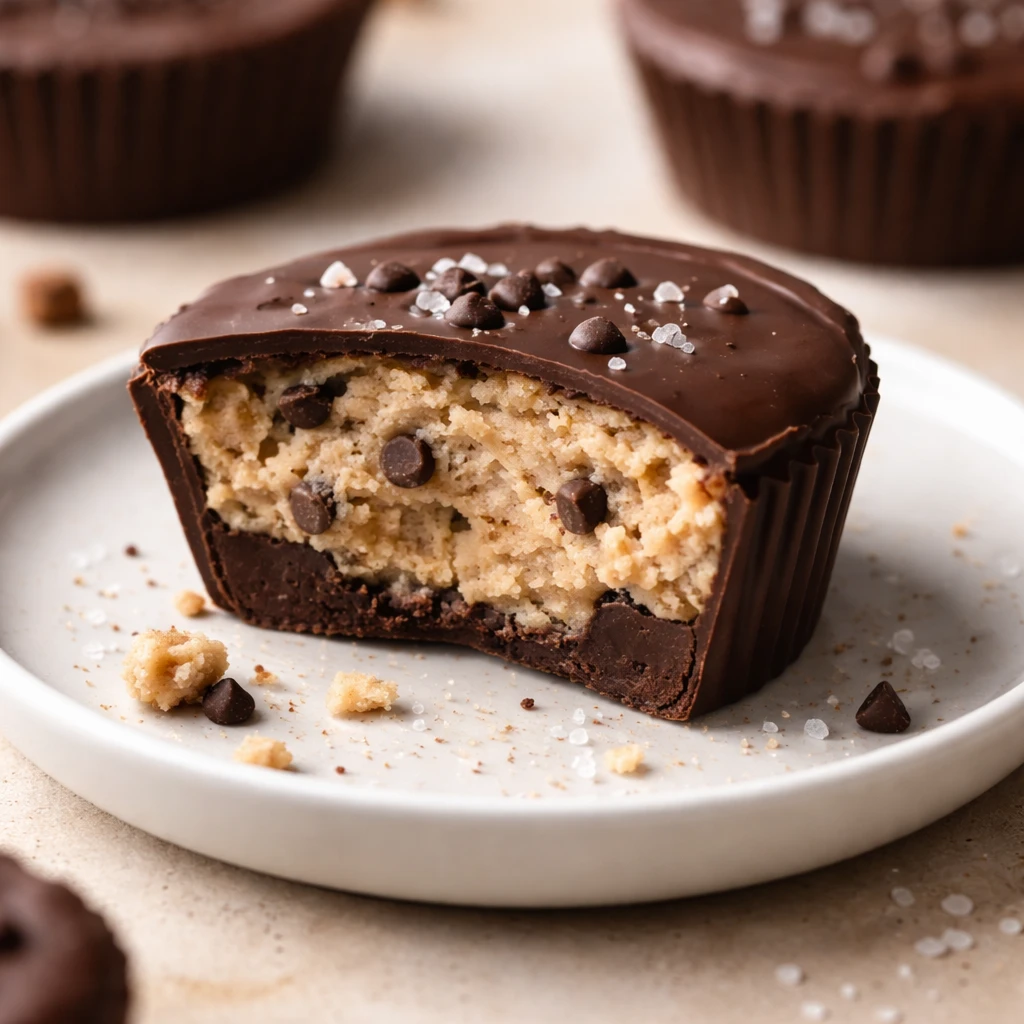 Close-up detail of a halved Protein Powder Cookie Dough Cup on a small matte white plate, revealing 