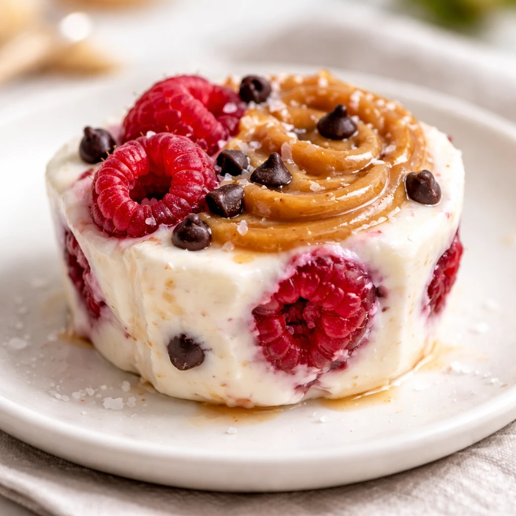 Close-up detail of a single plated yogurt bite at room temp after softening for 3–5 minutes, cream