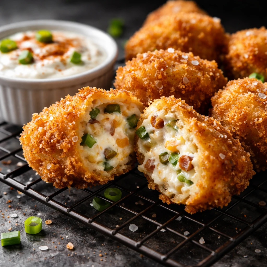 Close-up detail of freshly fried Jalapeño Popper Bites just lifted from a wire rack, ultra-crisp go