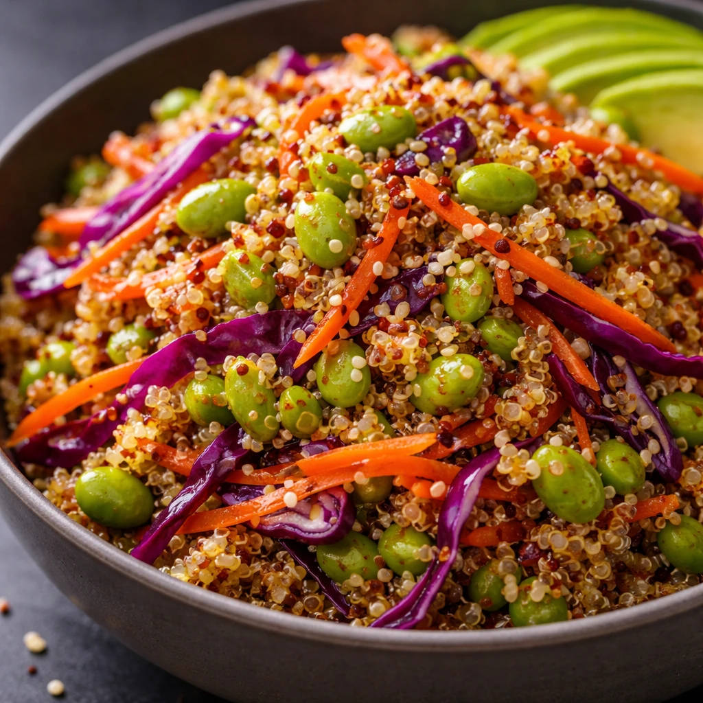 Close-up detail of the tossed bowl right after dressing: macro focus on glossy quinoa and edamame st