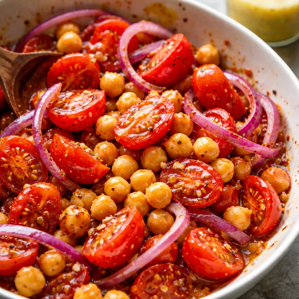 Close-up process shot of the marinated tomato base just after adding chickpeas: focusing on juicy to