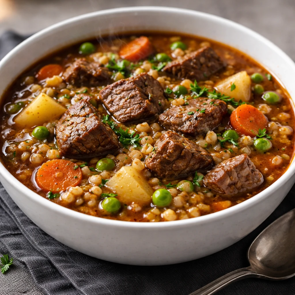 Close-up, restaurant-quality plated bowl of Slow Cooker Beef and Barley Stew, highlighting fork-tend