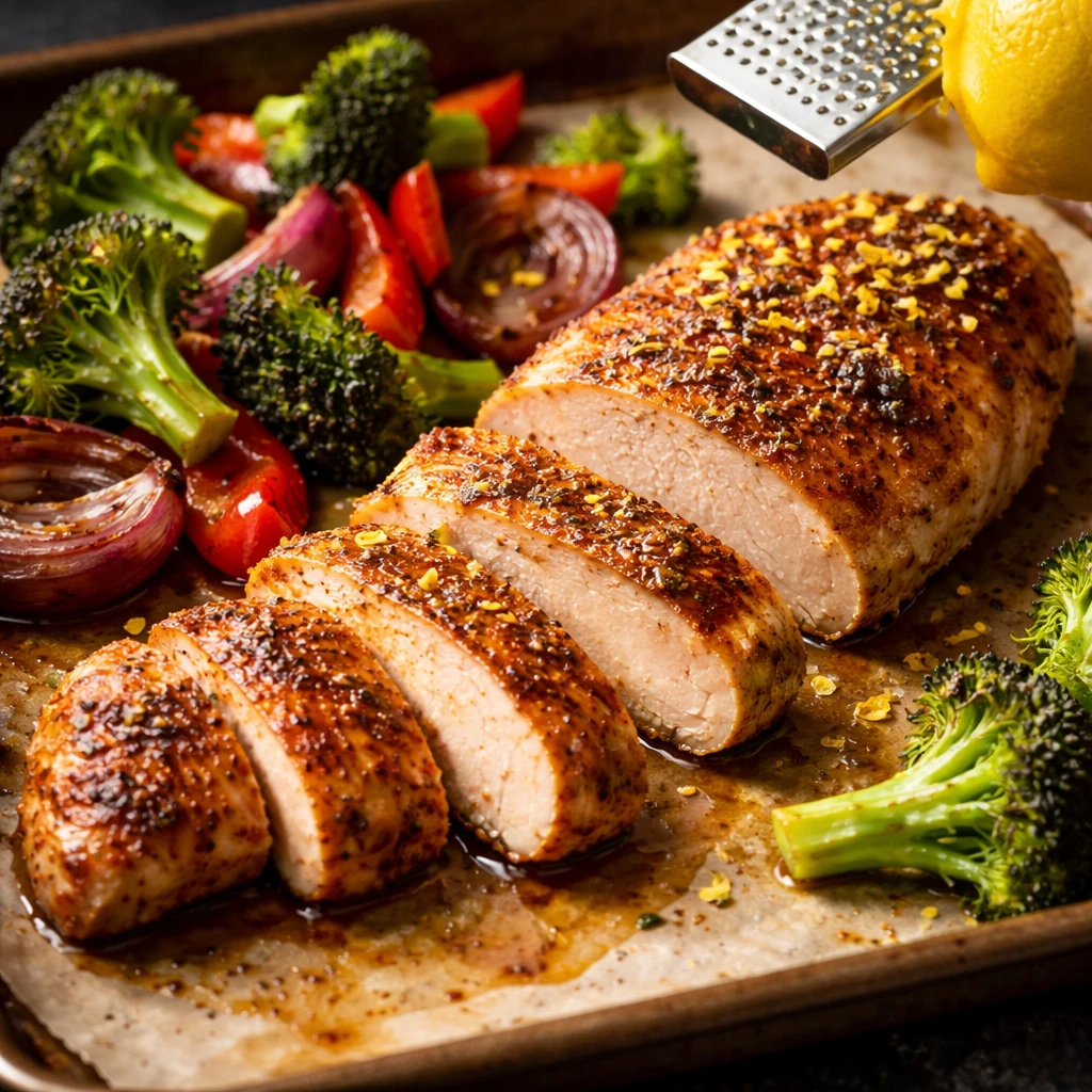 Close-up, three-quarter angle cooking process detail: roasted chicken breasts just out of the oven o