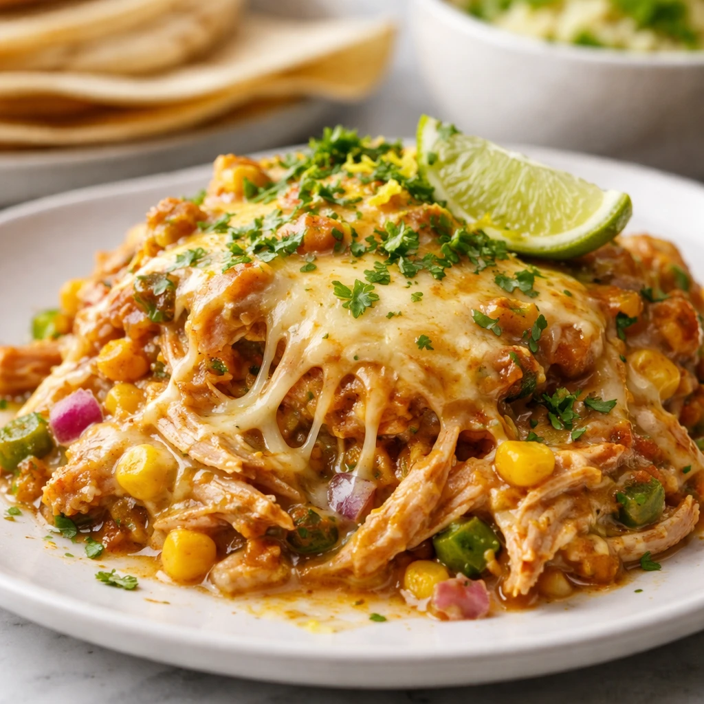 Close-up three-quarter angle of a plated serving scooped from the casserole, showing creamy pull of 