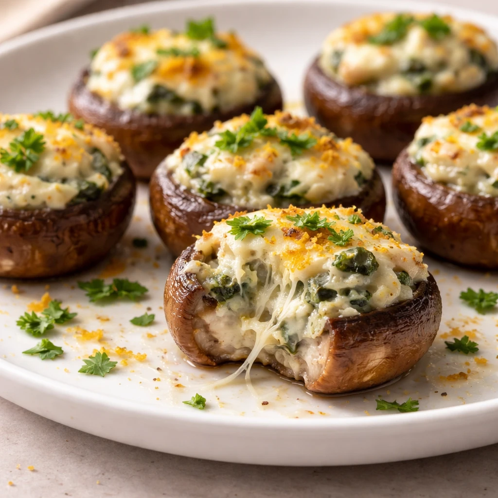 Close-up three-quarter angle of a small platter of stuffed mushrooms ready to serve, neatly arranged